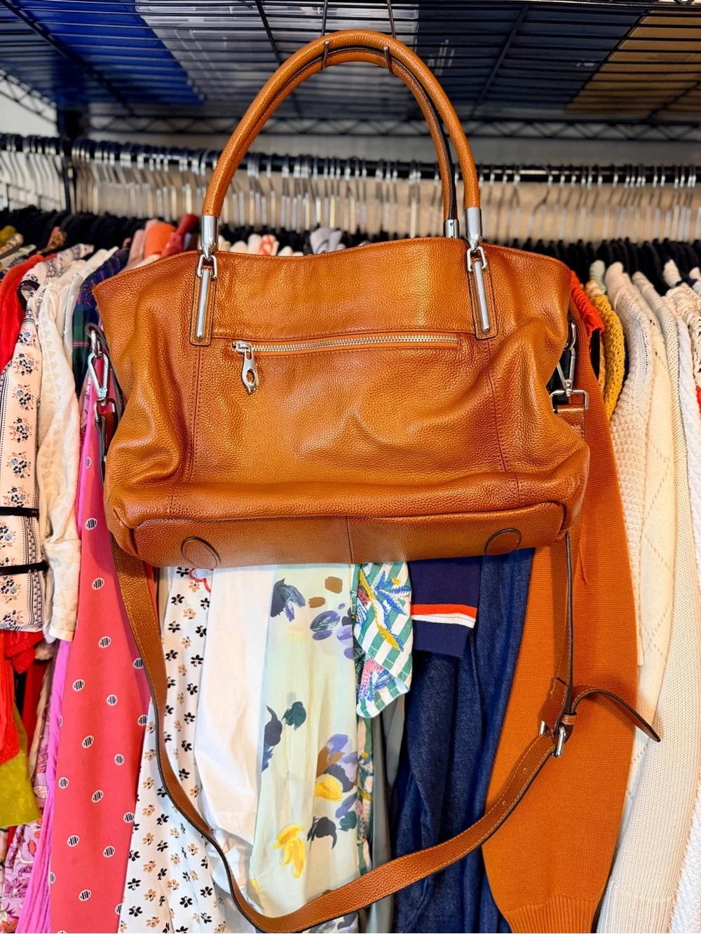 100% Leather Carry All Tote Purse | Cognac | Crossbody Strap | Work Laptop Bag